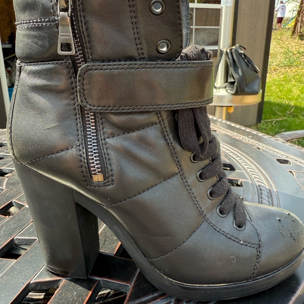 Prada Black Heeled Boots with Chunky Heel and Lace-Up Design Prada Linea Rossa